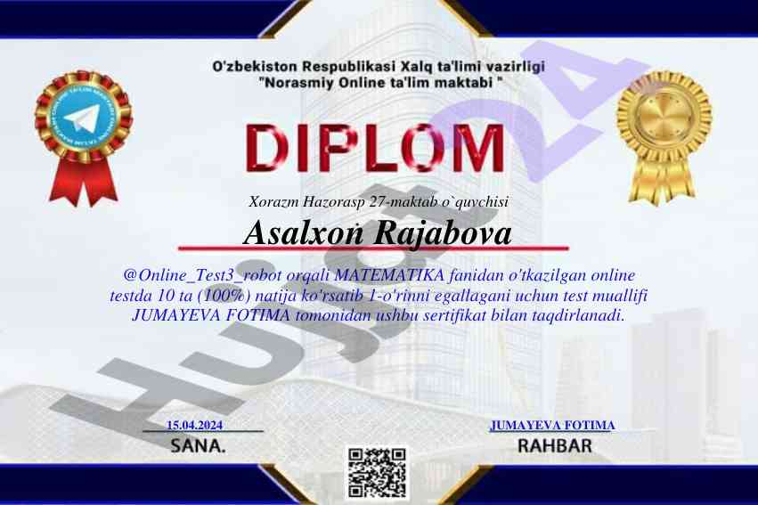 Online testda 100% natija bilan taqqoslash