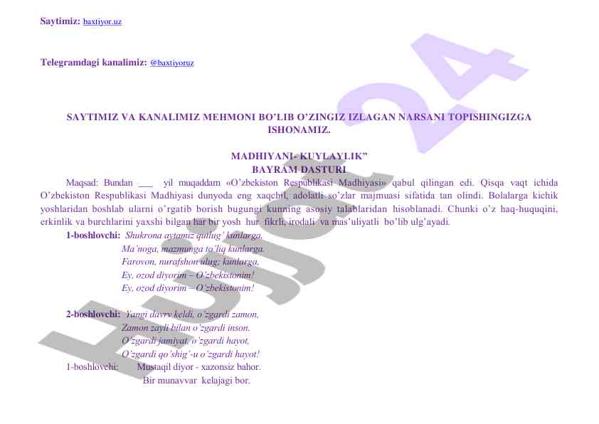 O'zbekiston respublikasining madhiyasi bayram dasturi