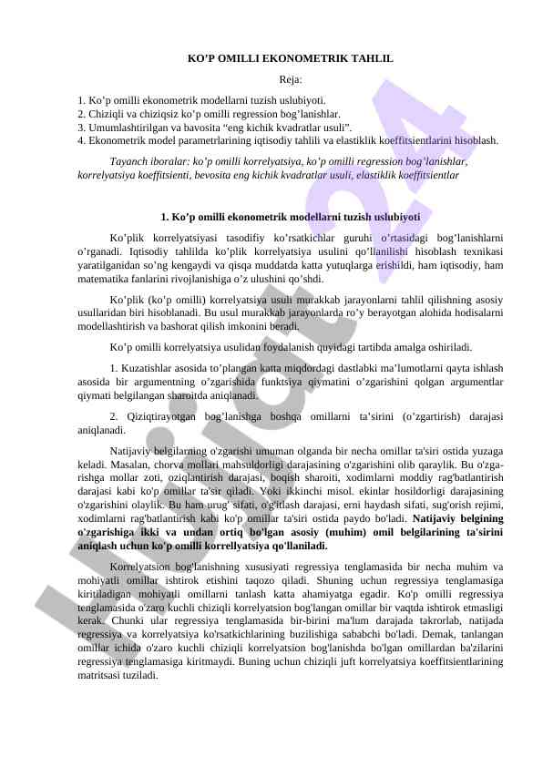 Ko’p omilli ekonometrik tahlil mavzulari