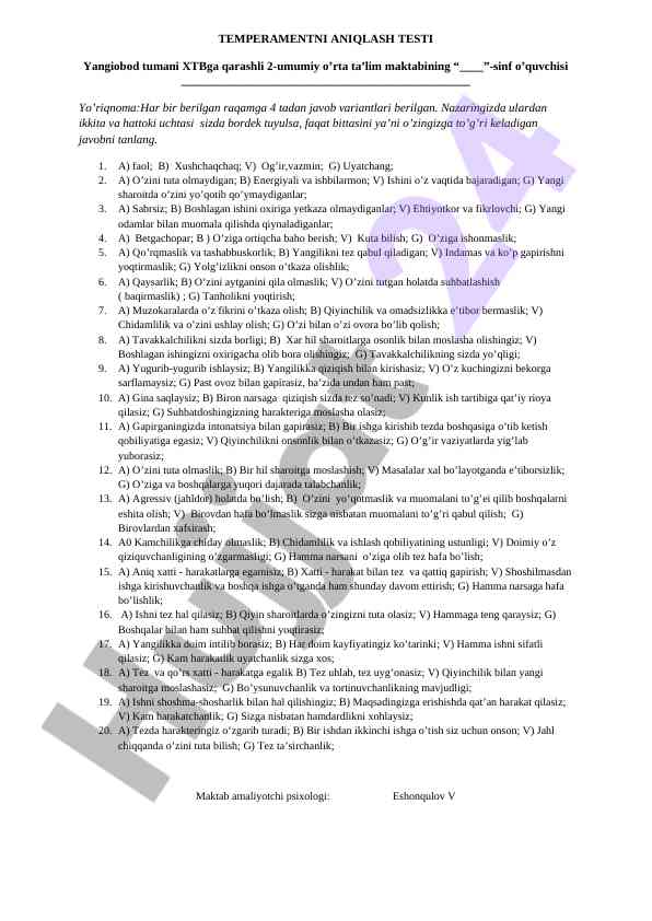 Temperamentni aniqlash testi