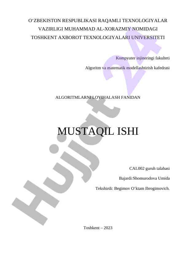 Algoritmlar va matematik modellashtirish bo'yicha mustaqil ish