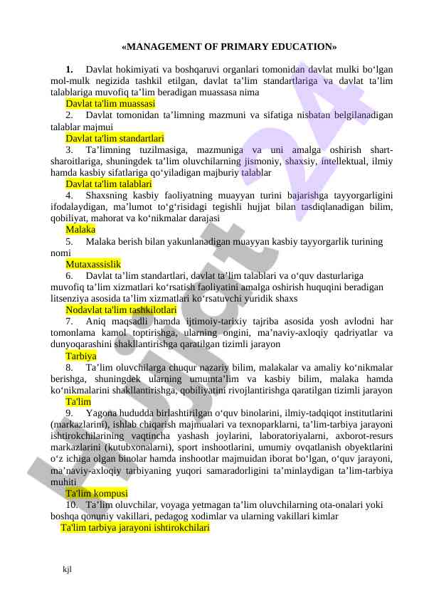 Management of primary education standards and requirements