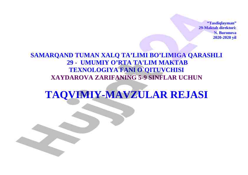 Texnologiya fanidan ta’lim rejasi 5-9 sinflar uchun