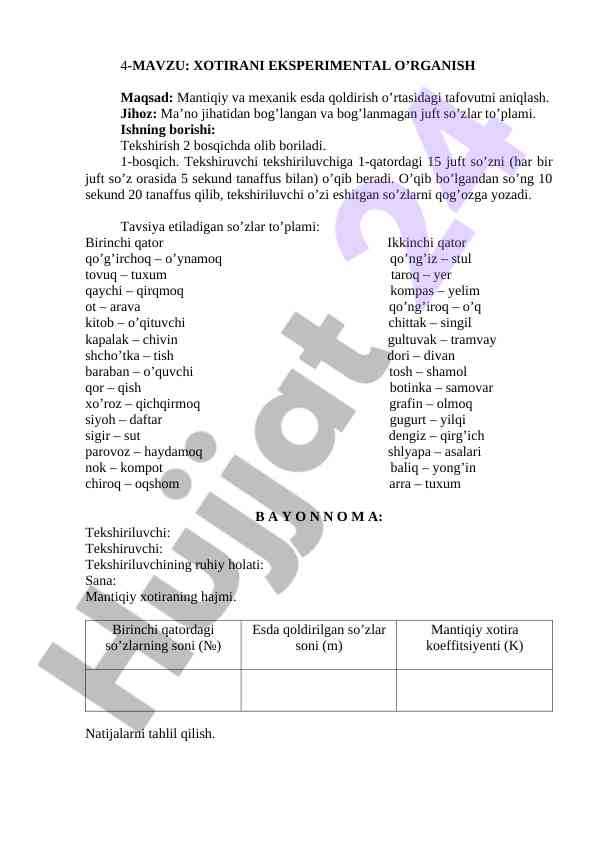 Xotirani eksperimental o'rganish metodologiyasi