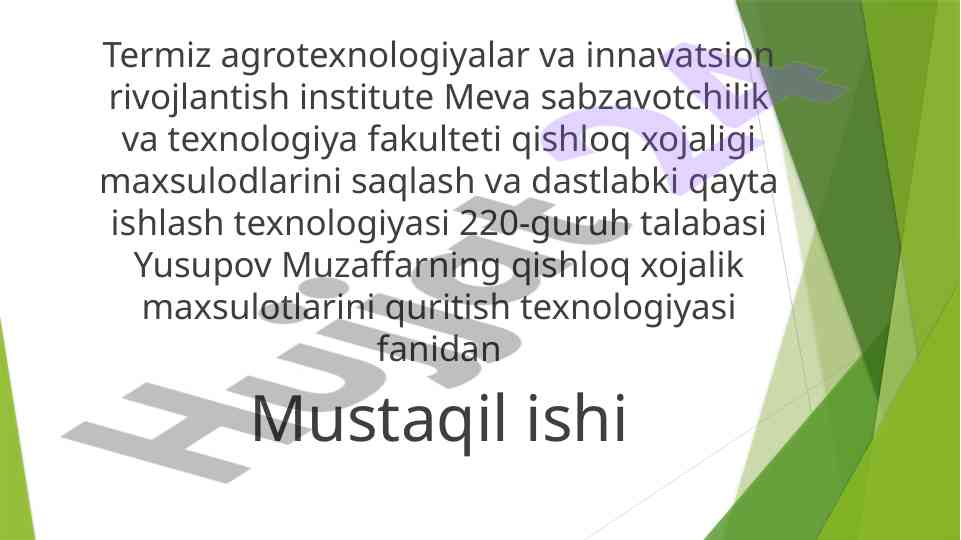 Kartoshkani quritish texnologiyasi sxemasini shakillantirish