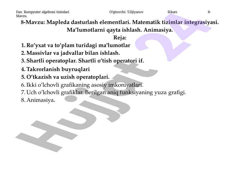 Mapleda dasturlash elementlari o’qitish