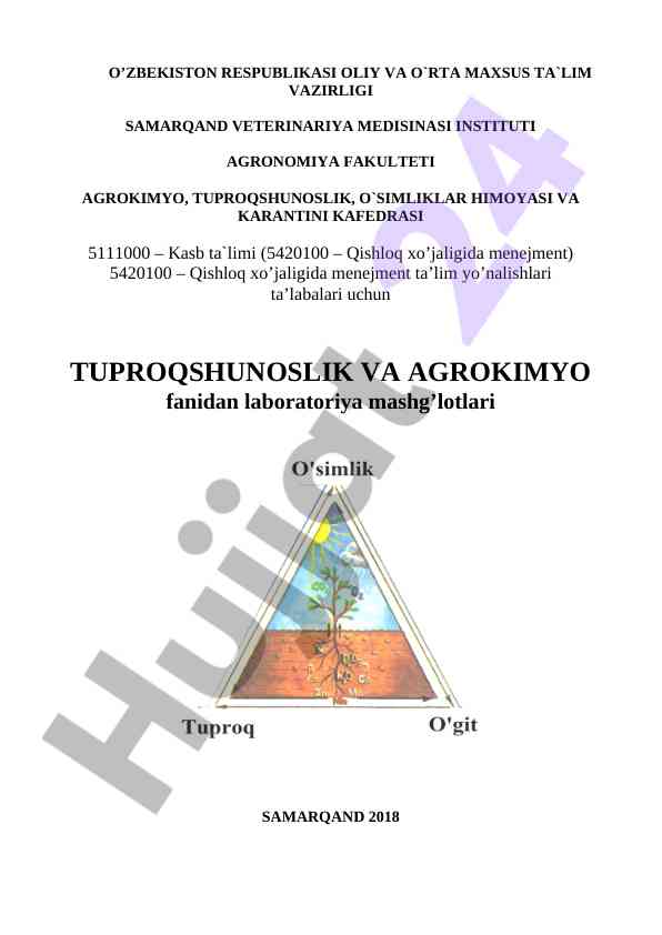 Tuproqshunoslik va agrokimyo fanidan laboratoriya mashg'ulotlari