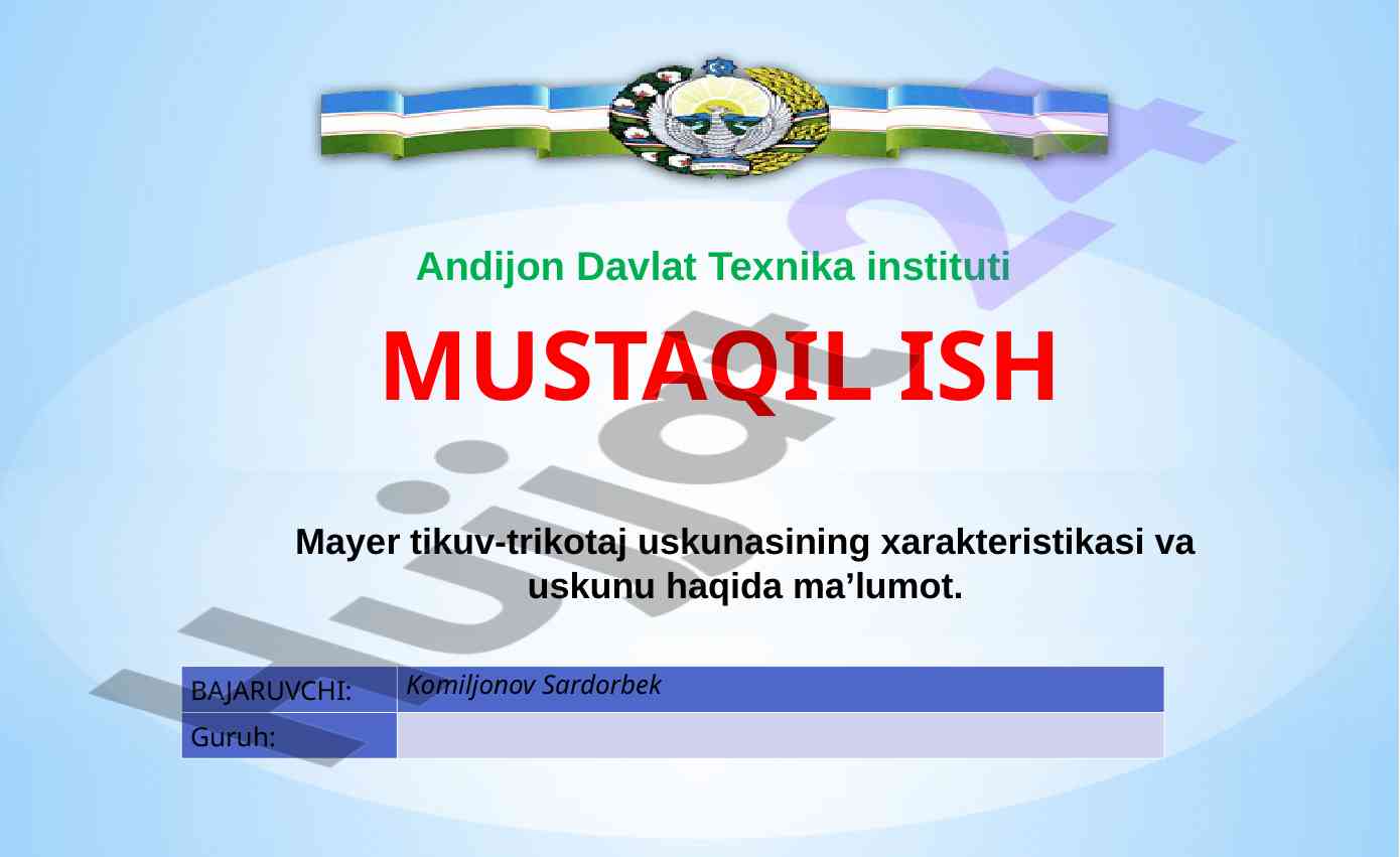 Mayer Tikuv-Trikotaj Usqunasining Xarakteristikasi