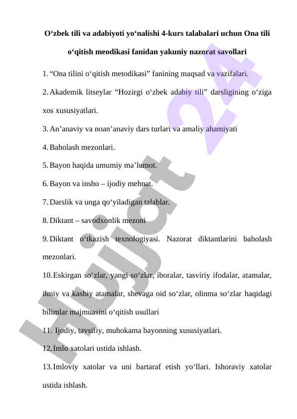 Ona Tili O‘qitish Metodikasi Savollari
