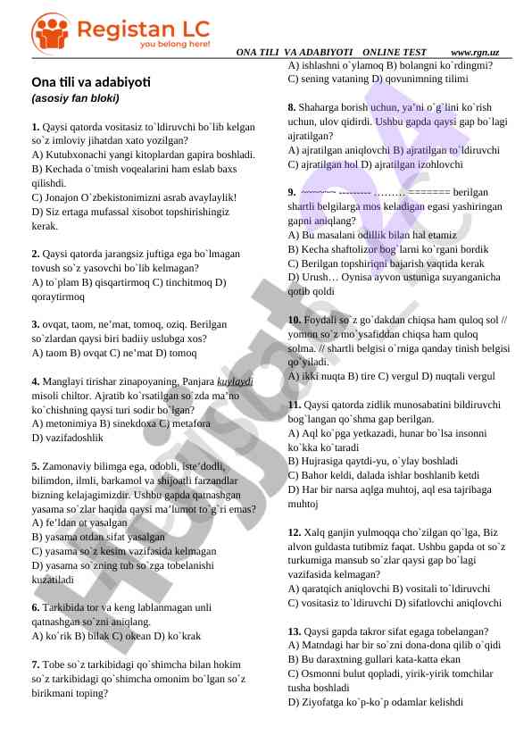 Ona tili va adabiyoti test savollari