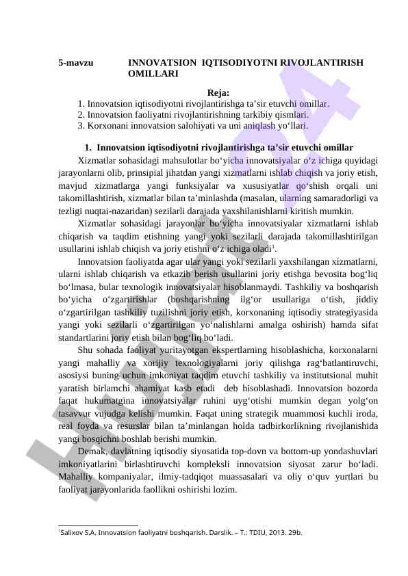 Innovatsion iqtisodiyotni rivojlantirish o‘zgarishlari