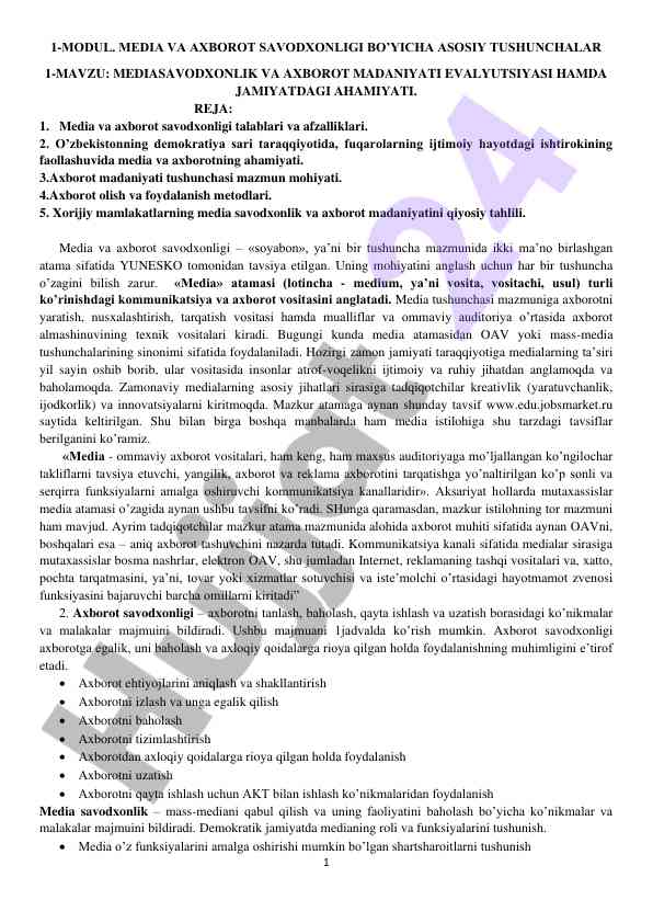 Media va axborot savodxonligi asosiy tushunchalari