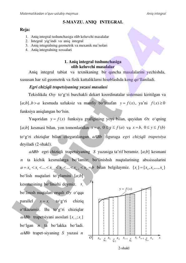 Aniq integral tushunchasi va hisoblash usullari