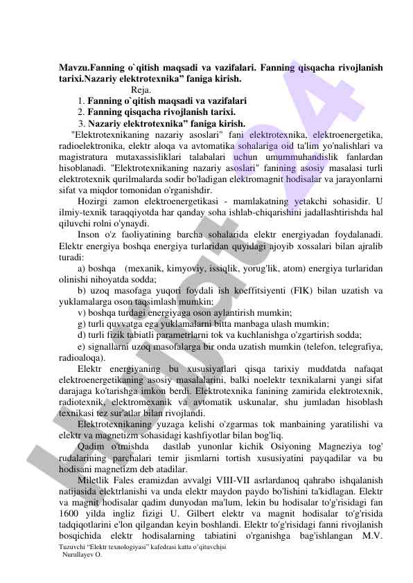 Nazariy elektrotexnika fanining asosiy masalalari