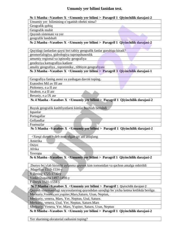 Umumiy yer bilimi fanidan test savollari