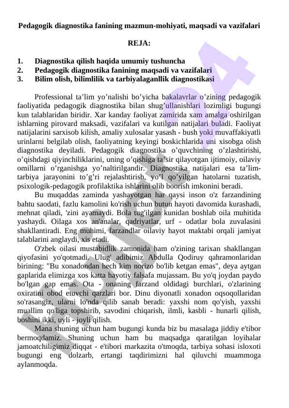 Pedagogik diagnostika fanining mohiyati va maqsadlari