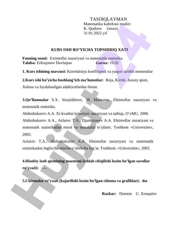 Korrelatsiya koefitsenti va yuqori tartibli momentlar