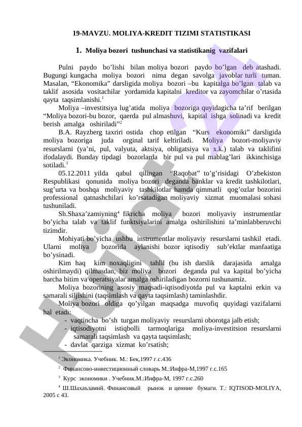 Moliya-kredit tizimi statistikasi tahlili