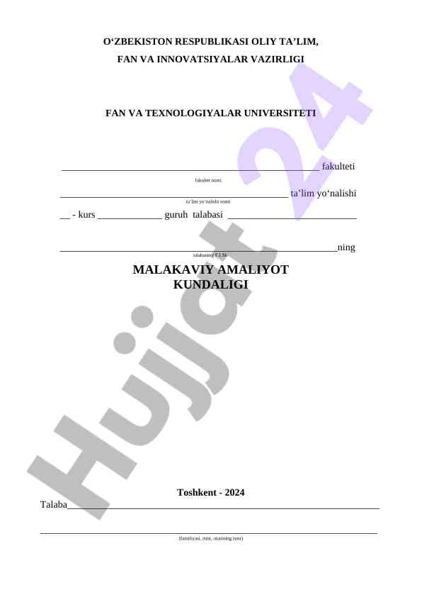 Malakaviy amaliyot kundaligi 2024 yilgi davr uchun