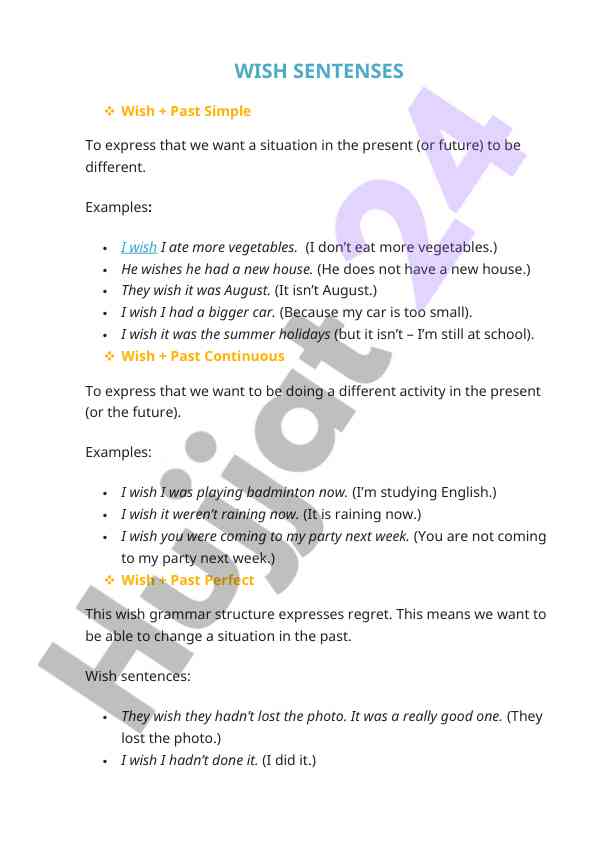 Wish sentences and their usage in english grammar