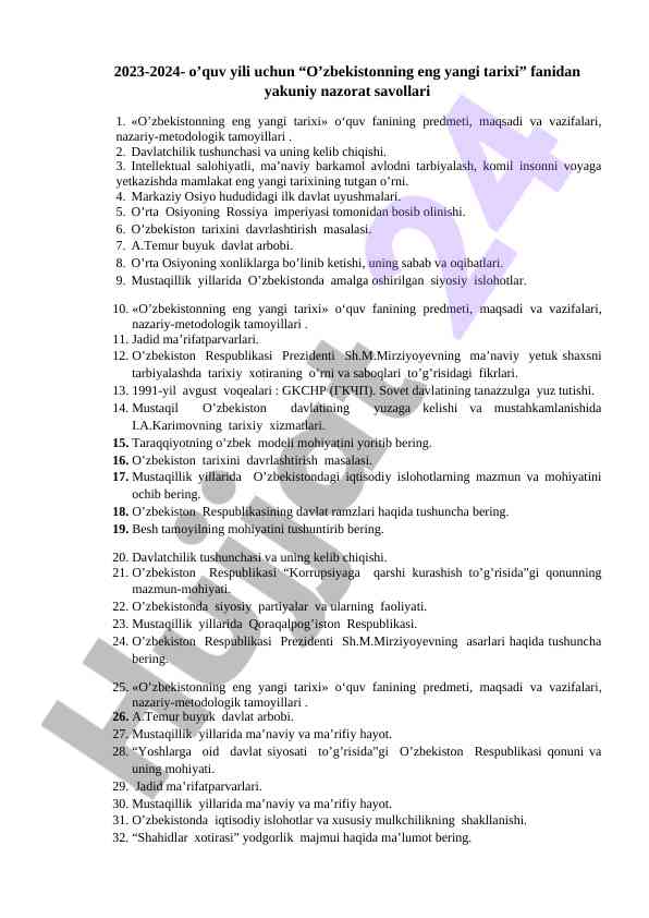 O'zbekistonning eng yangi tarixi yakuniy nazorat savollari