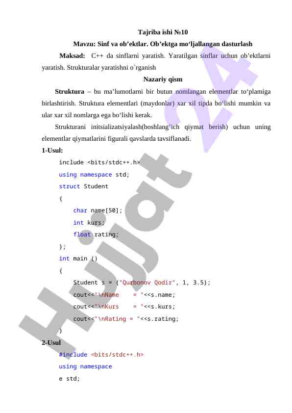C++ Da Sinflarni Yaratish Va Ob’ektlar