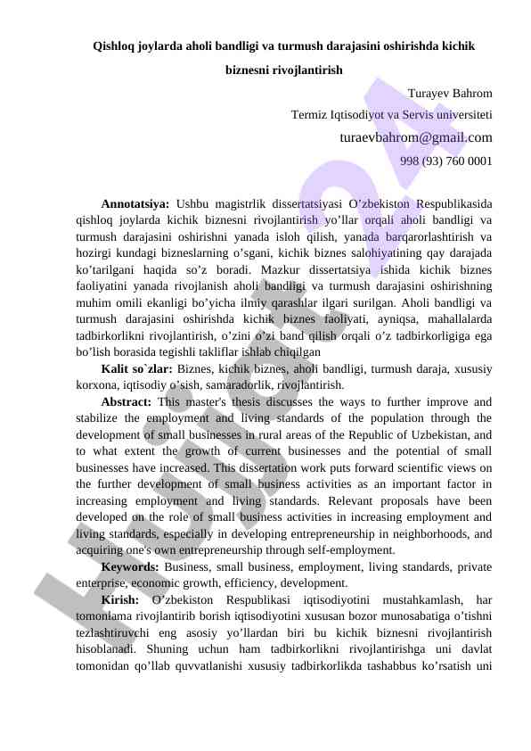 Qishloq Joylarda Kichik Biznesni Rivojlantirish