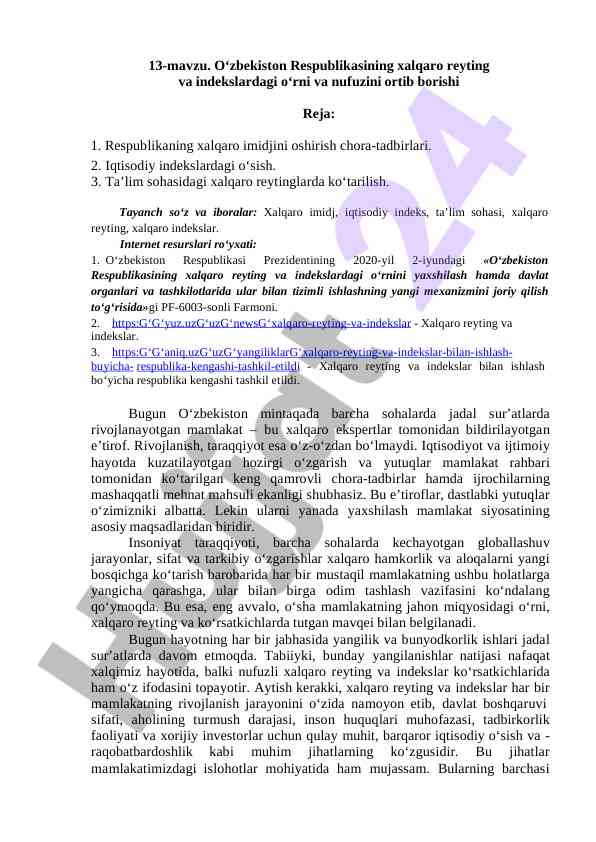 Xalqaro reyting va indekslar o‘zbekistonda rivojlanish