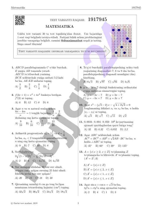Matematika test varianti raqami 1917945