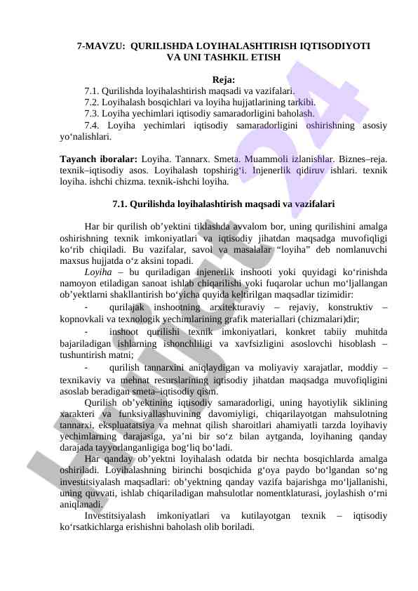 Qurilishda loyihalashtirish iqtisodiyoti va tashkil etish