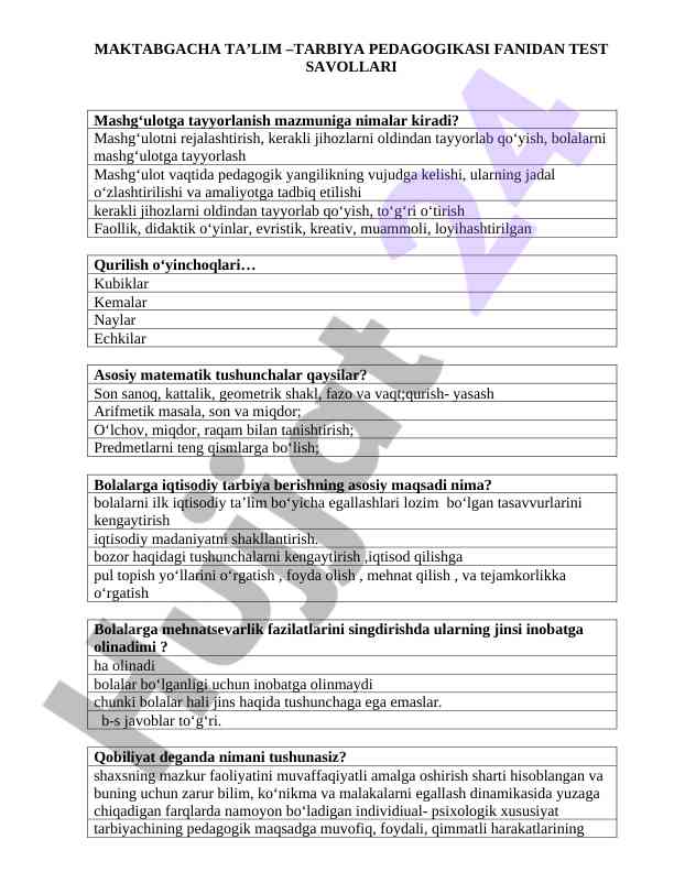 Maktabgacha ta’lim tarbiya pedagogikasi test savollari