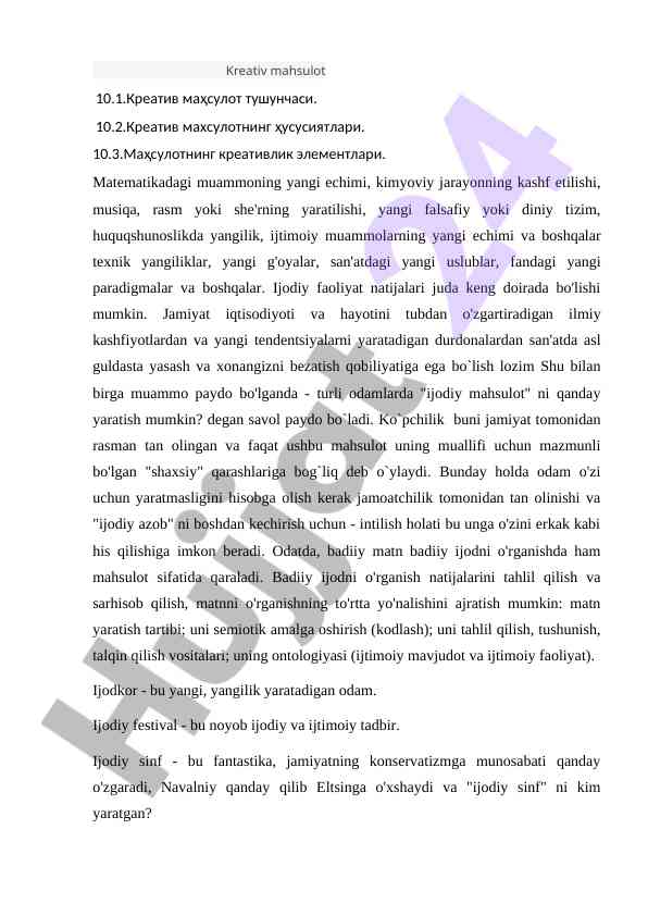Kreativ mahsulot tushunchasi va hususiyatlari