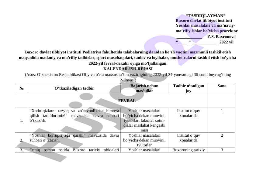 Talabalarning darsdan bo’sh vaqtini tashkil etish rejalari