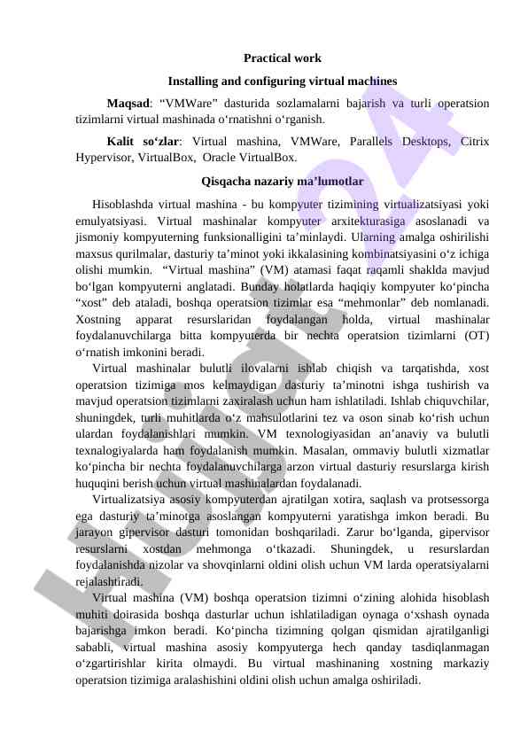Virtual mashinalarni o‘rnatish va sozlash bo‘yicha ish