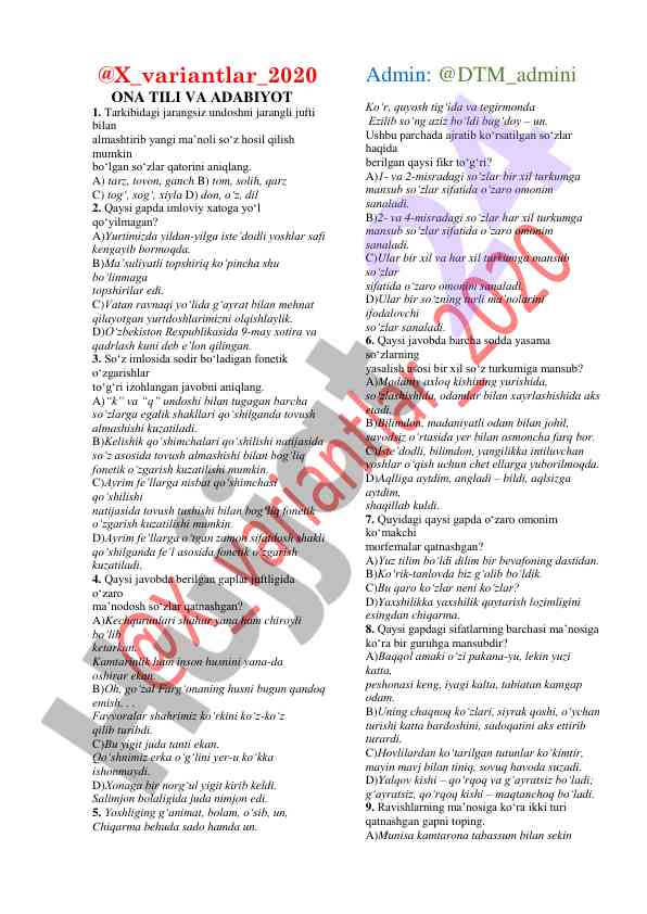 Ona tili va adabiyot testlari 2020