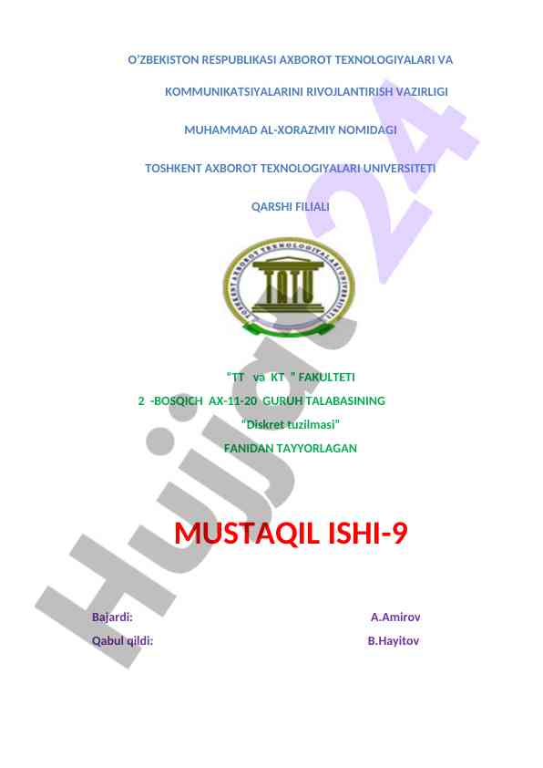 Diskret tuzilmasi fanidan mustaqil ish