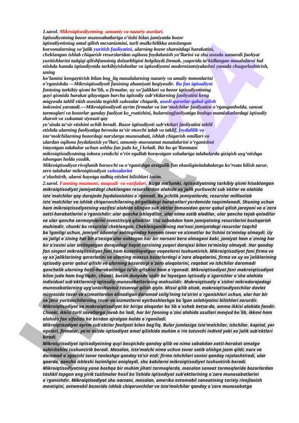 Mikroiqtisodiyot va nazariy asoslari tahlili