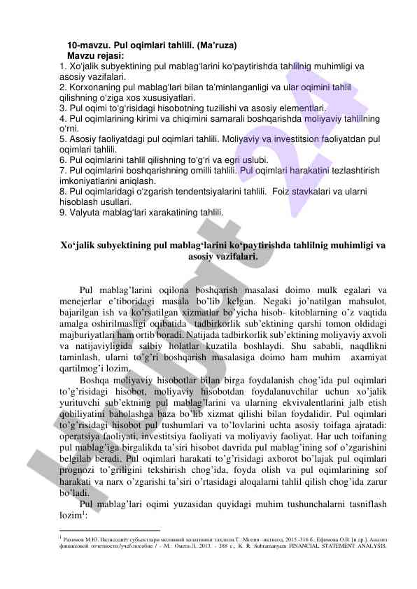 Pul oqimlari tahlili mavzusi va asosiy vazifalari