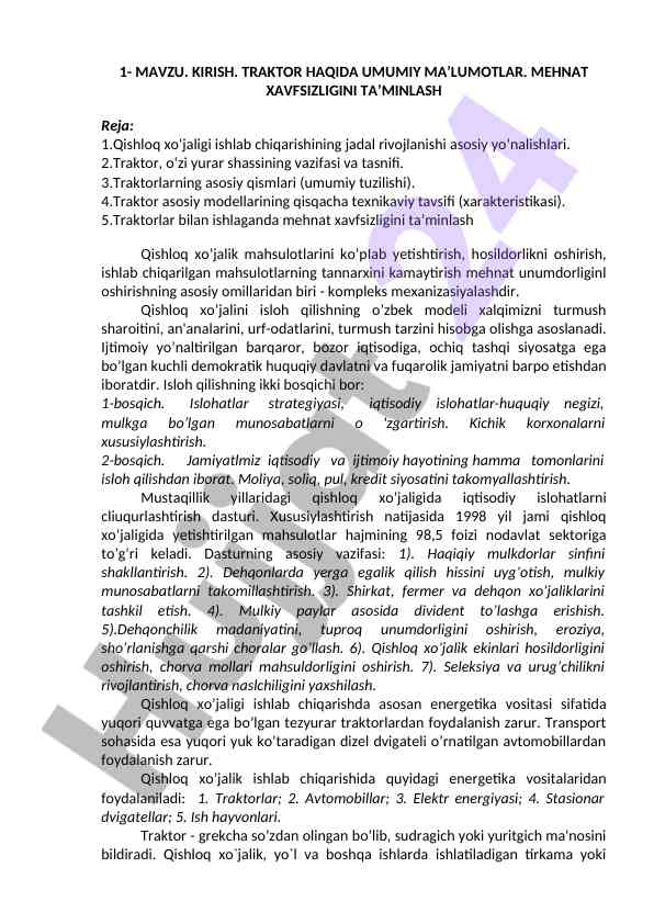 Traktor haqida umumiy ma’lumotlar va mehnat xavfsizligi