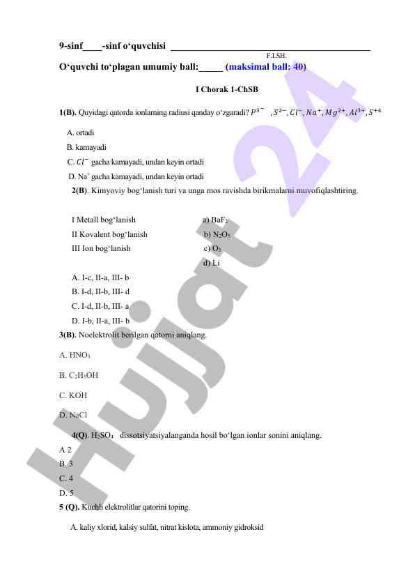 Ion radius changes and types of chemical bonds test