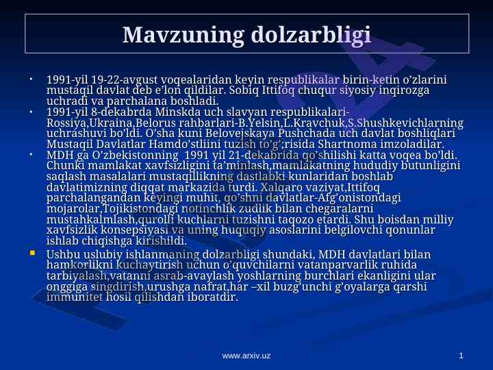 Milliy xavfsizlik konsepsiyasi: mustaqil o‘zbekiston