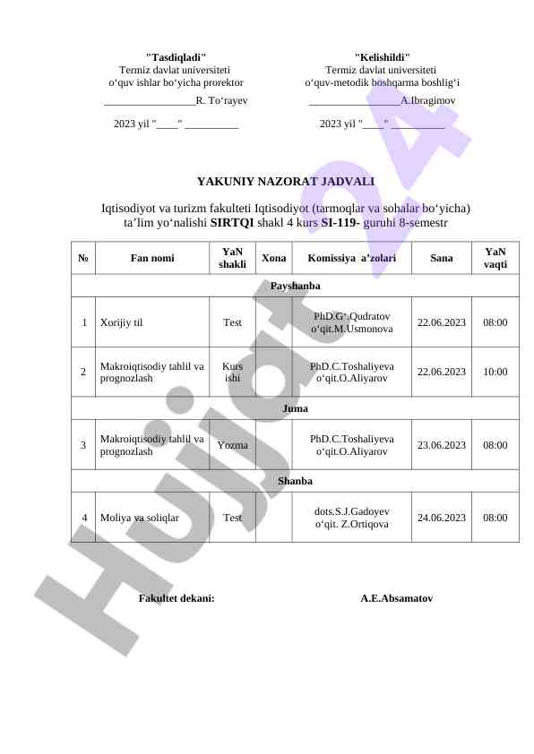 Yakuni nazorat jadvali iqtisodiyot va turizm fakulteti