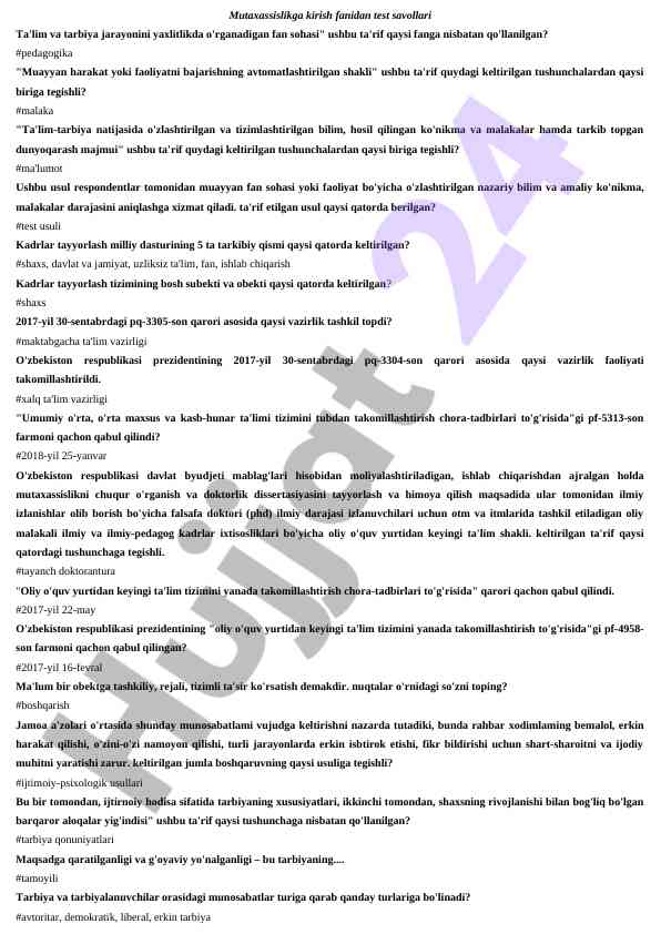Mutaxassislikga kirish fanidan test savollari