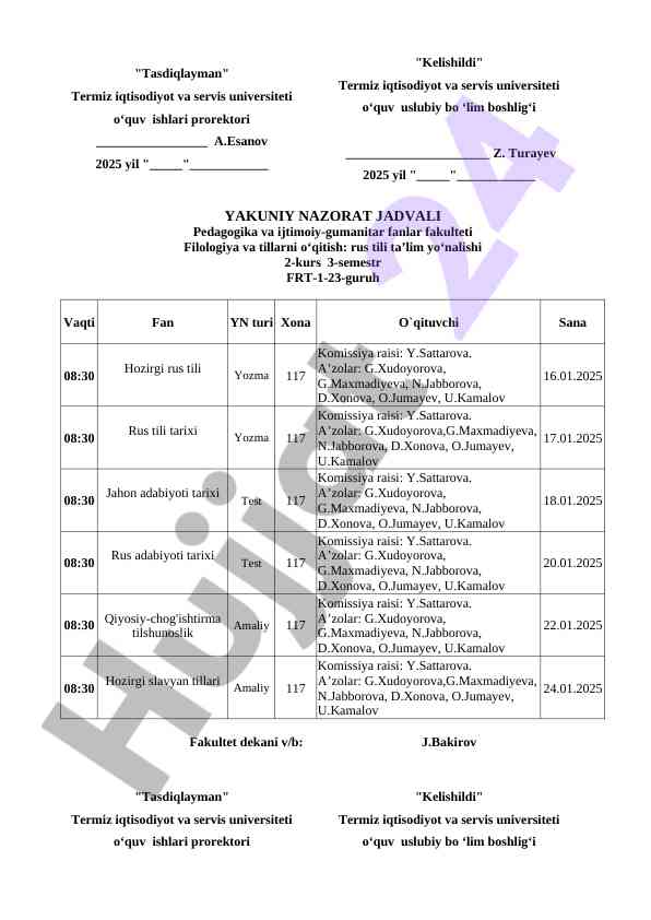 Yakuniy nazorat jadvali pedagogika fakulteti
