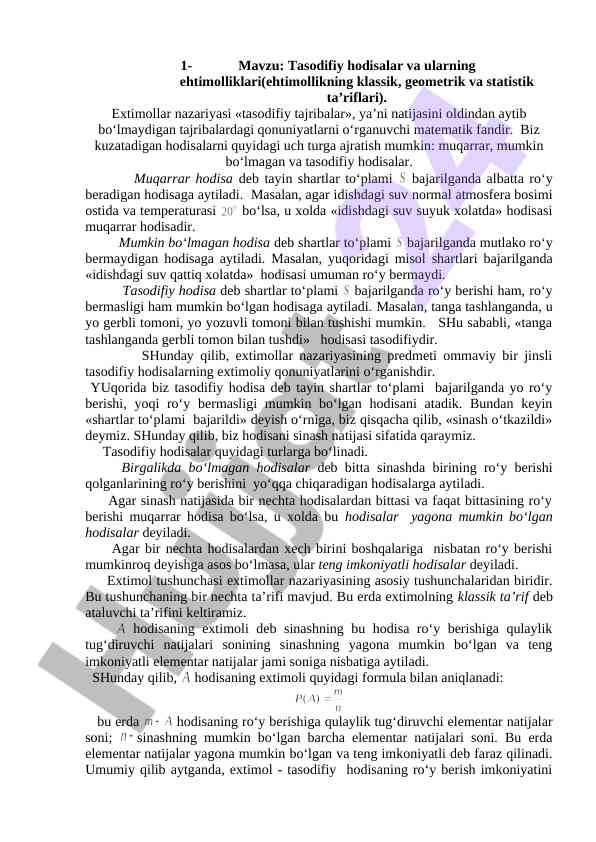 Tasodifiy hodisalar va ehtimolliklar nazariyasi