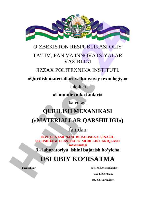 Laboratoriya ishida po'lat namunasini buralishga sinash
