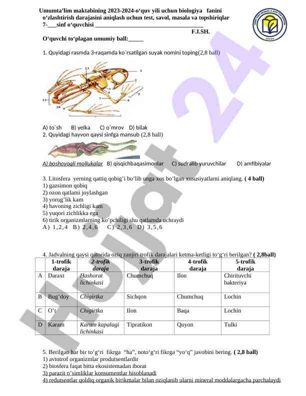 Biologiya fanini o‘zlashtirish darajasini aniqlash