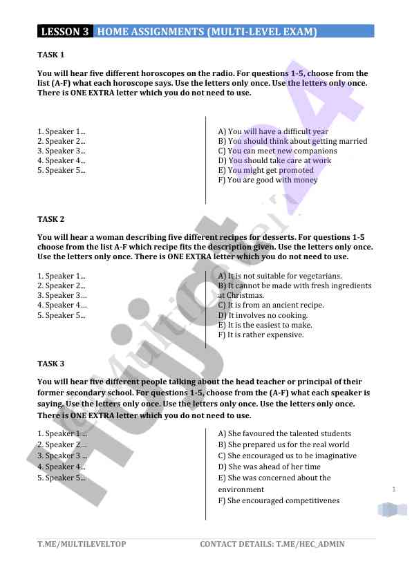 Multi-level exam home assignments overview