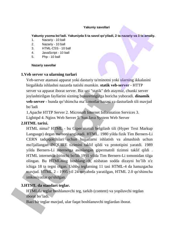 Yakuniy savollar bo'yicha testlar