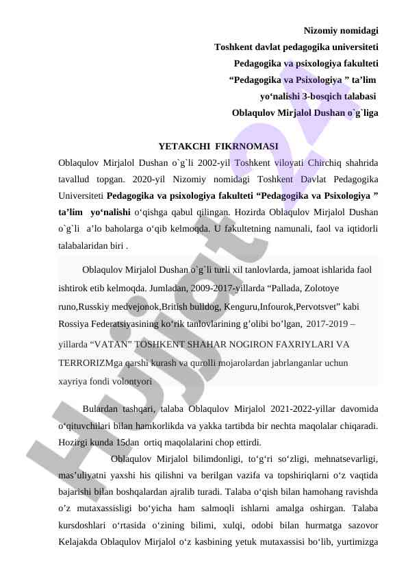 Pedagogika va psixologiya ta’lim yo‘nalishi talabalari